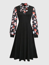 Printed Tie Neck Long Sleeve Midi Dress Black Casual Dresses - Tophatter Daily Deals