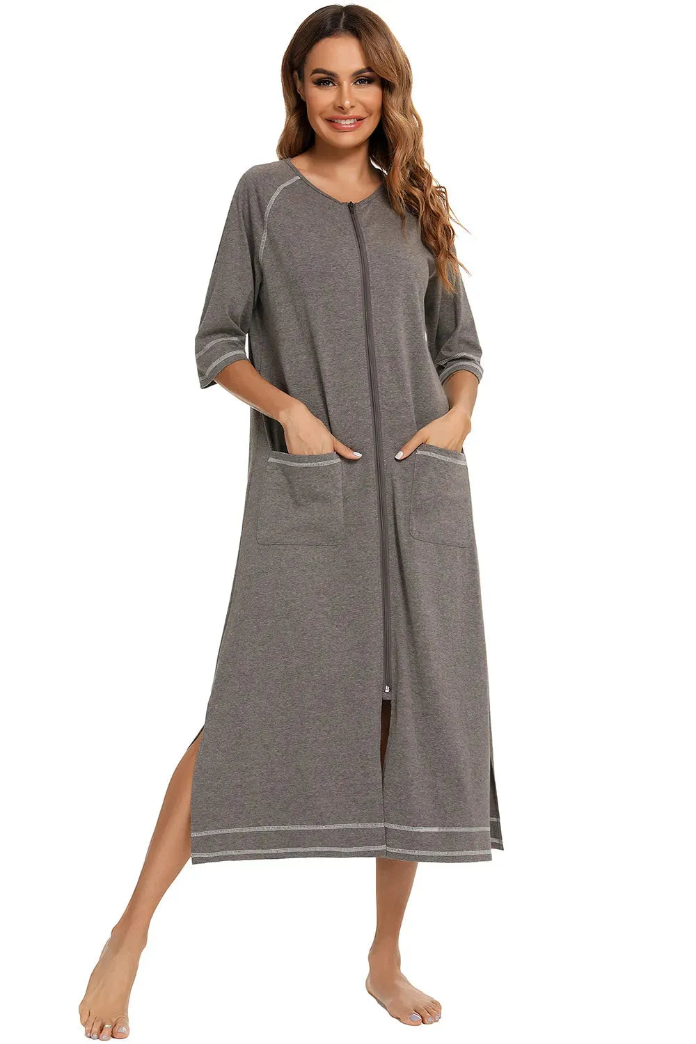 Zip Up Slit Round Neck Night Dress with Pockets Sleep Dresses - Tophatter Daily Deals