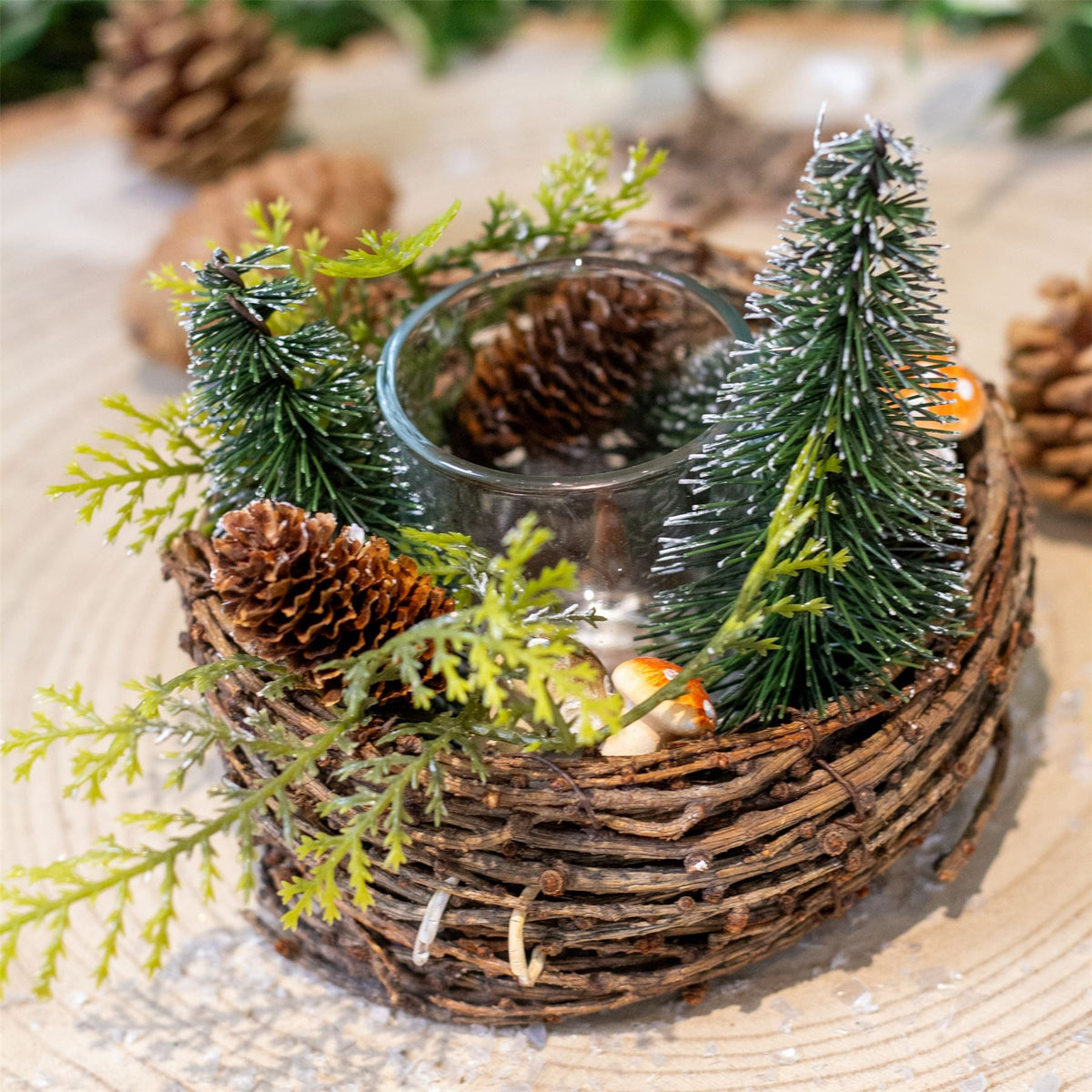 Christmas Tree Tealight Candle Holder | Pinecone & Toadstool Centrepiece - 12cm Candle Holder - Tophatter Daily Deals