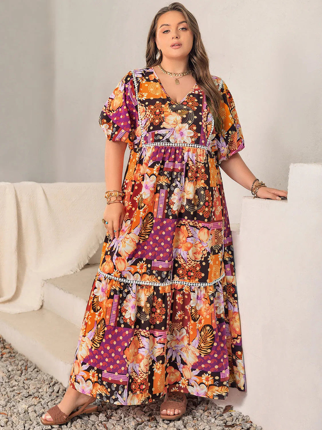 Plus Size Printed V-Neck Half Sleeve Maxi Dress Casual Dresses - Tophatter Daily Deals