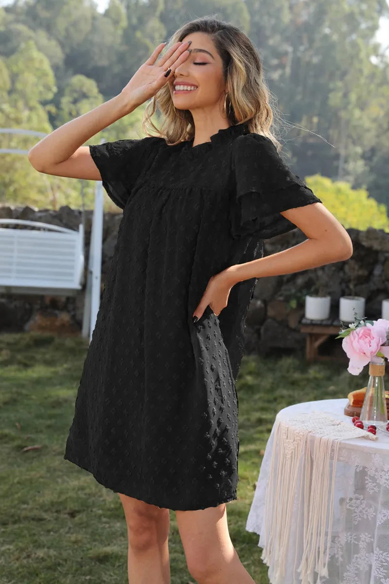 Swiss Dot Round Neck Flutter Sleeve Dress Black Casual Dresses - Tophatter Daily Deals