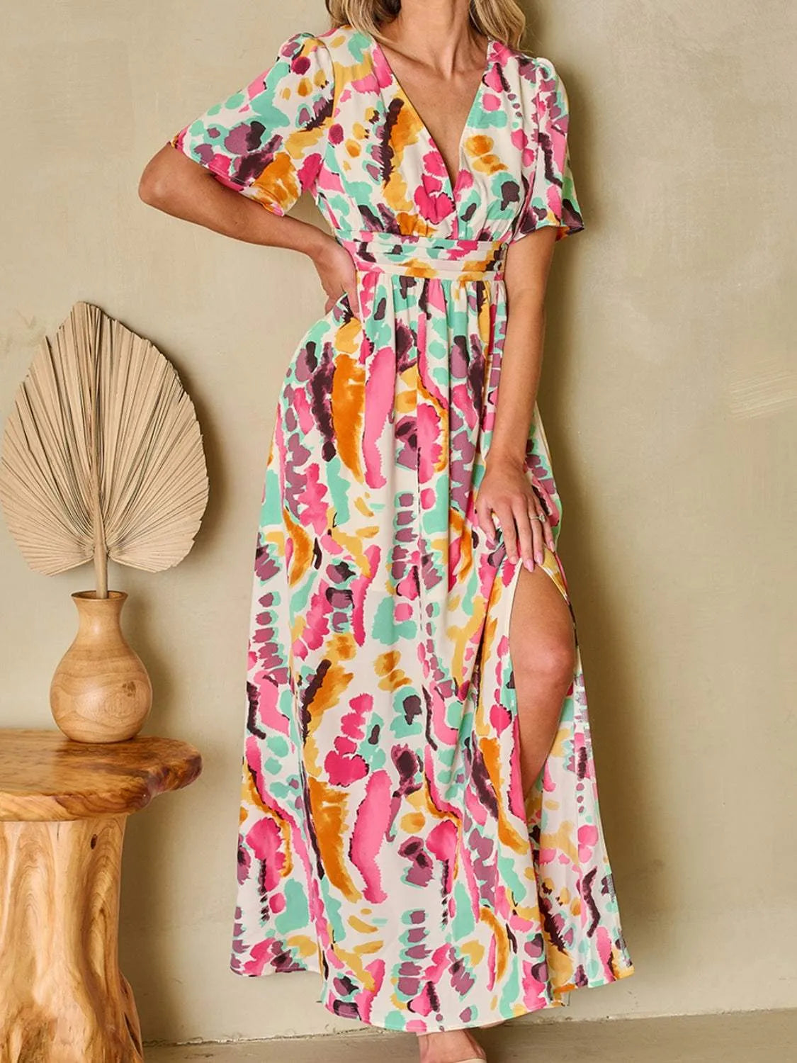 Slit Printed Surplice Short Sleeve Maxi Dress Multicolor Casual Dresses - Tophatter Daily Deals