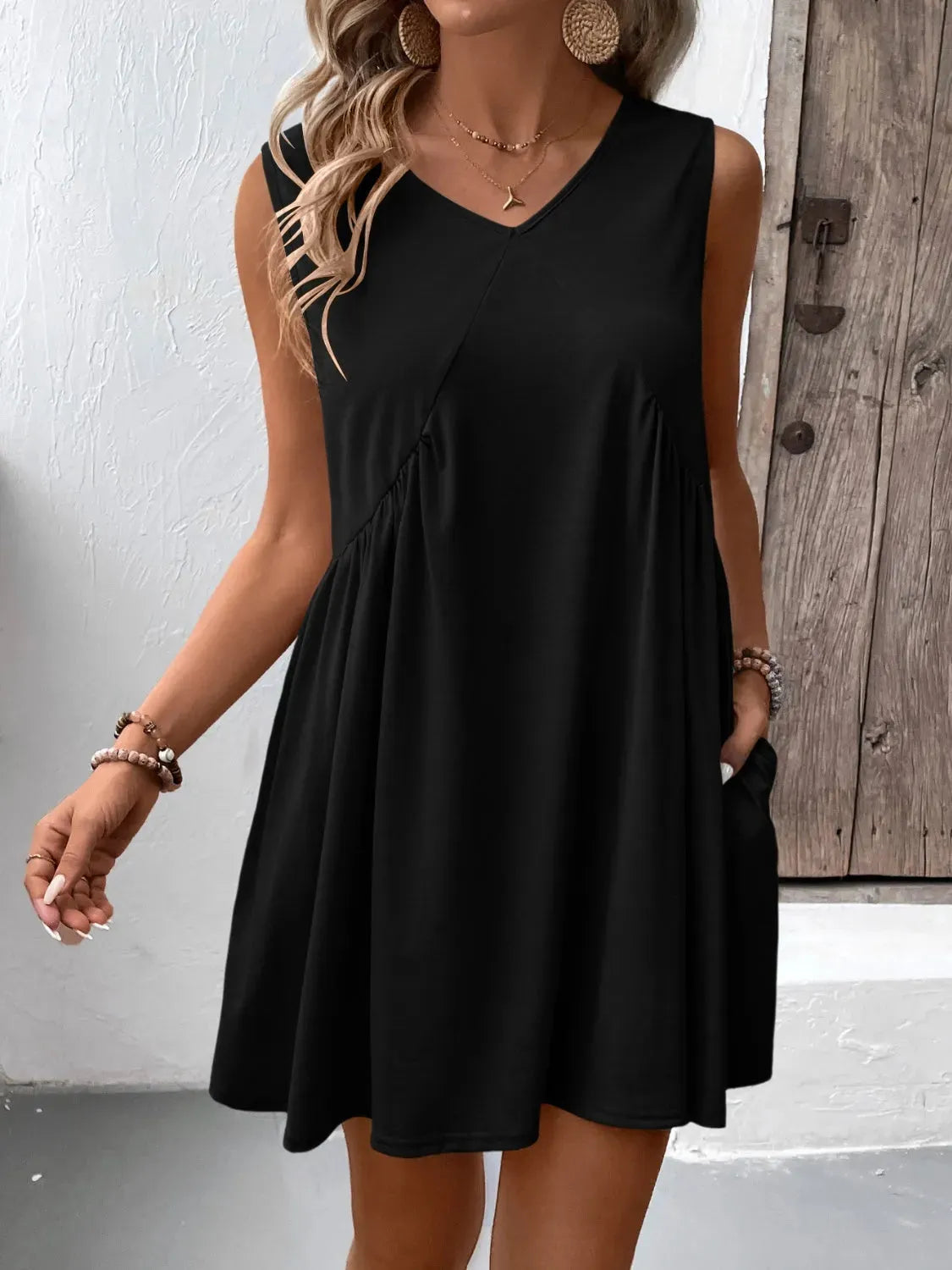 Ruched V-Neck Sleeveless Mini Dress Black Casual Dresses - Tophatter Daily Deals
