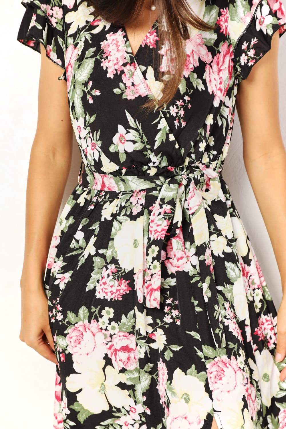 Double Take Floral Flutter Sleeve Tie-Waist Split Dress Casual Dresses - Tophatter Daily Deals