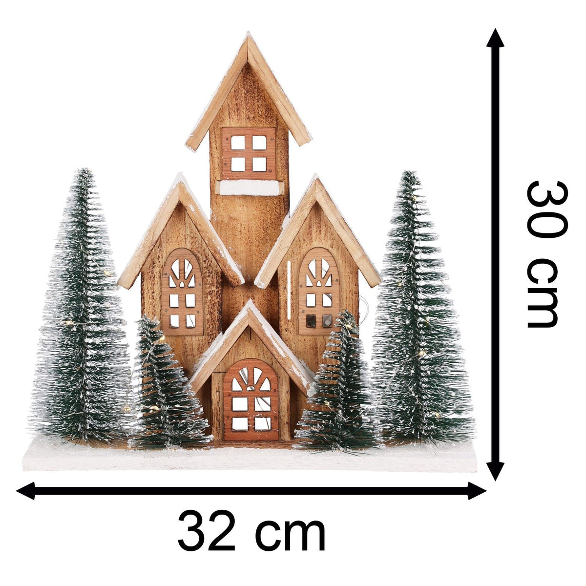 LED Wooden Christmas House with Bottle Brush Trees | Light Up Ornament - 30cm LED Light - Tophatter Daily Deals