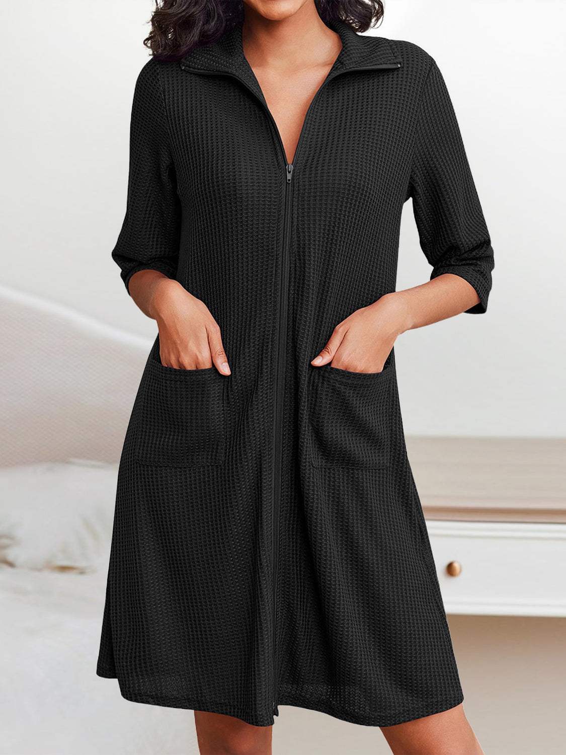 Waffle-Knit Zip Up Half Sleeve Dress Black Casual Dresses - Tophatter Daily Deals