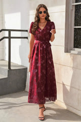 Slit Tied Floral Short Sleeve Dress Wine Casual Dresses - Tophatter Daily Deals