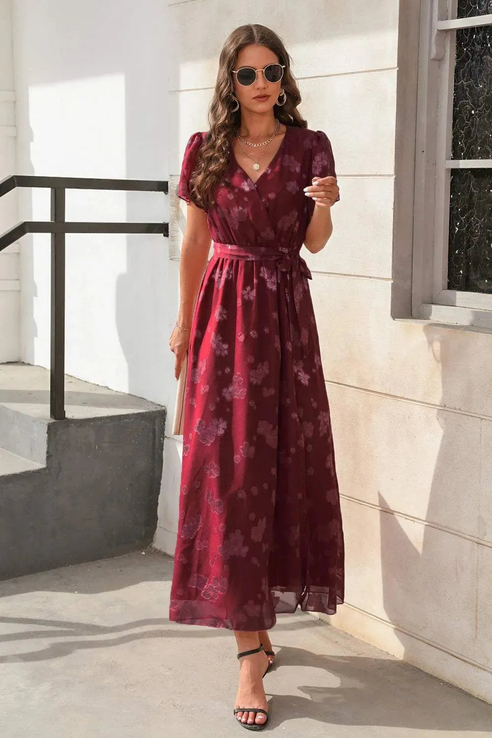Slit Tied Floral Short Sleeve Dress Wine Casual Dresses - Tophatter Daily Deals