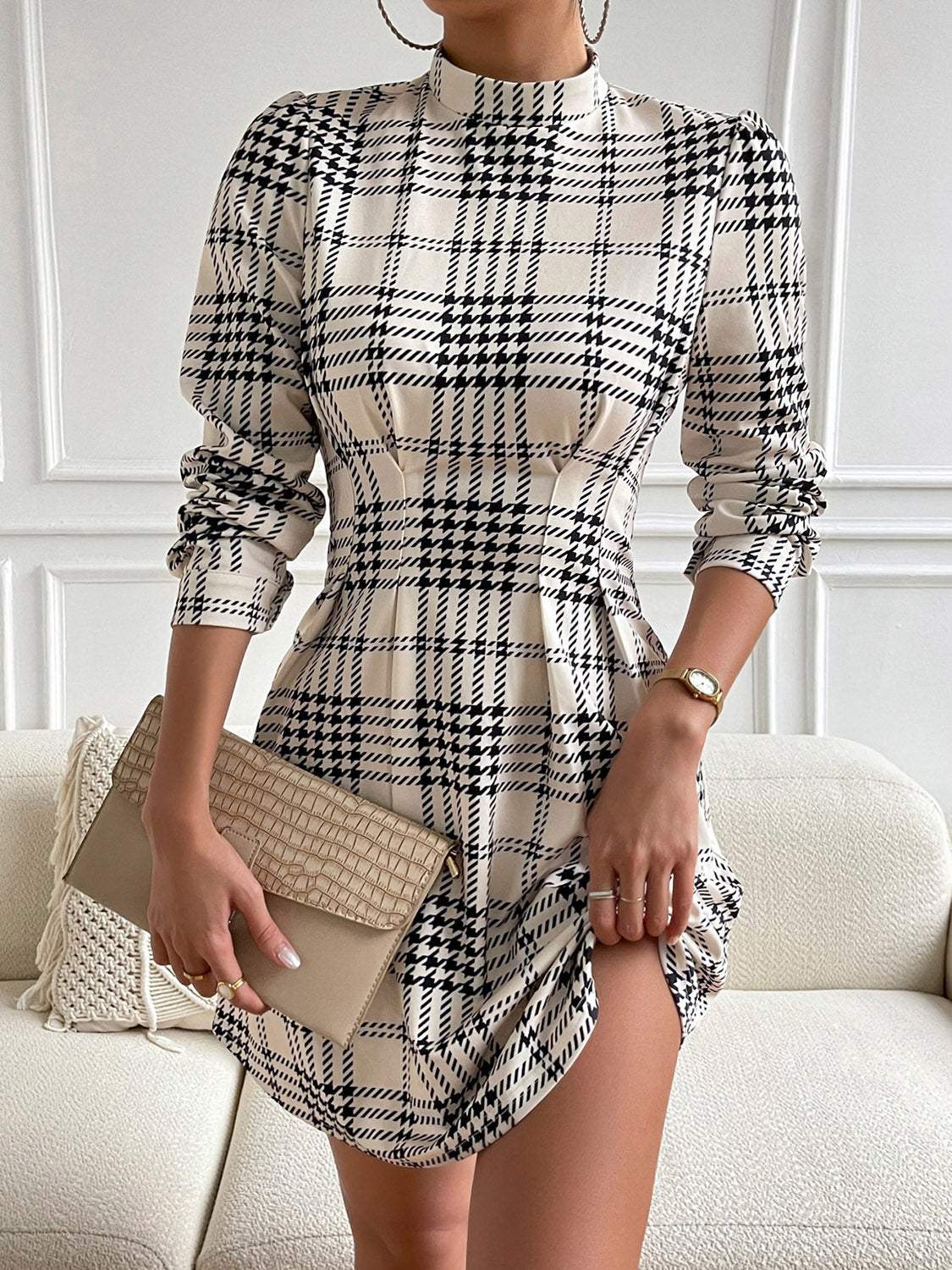 Houndstooth Mock Neck Cinched Mini Dress Casual Dresses - Tophatter Daily Deals