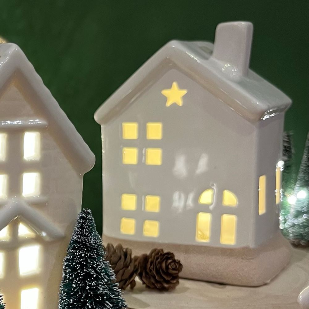 White Ceramic LED House | Christmas Village Light Up House Festive Ornament Ornament - Tophatter Daily Deals