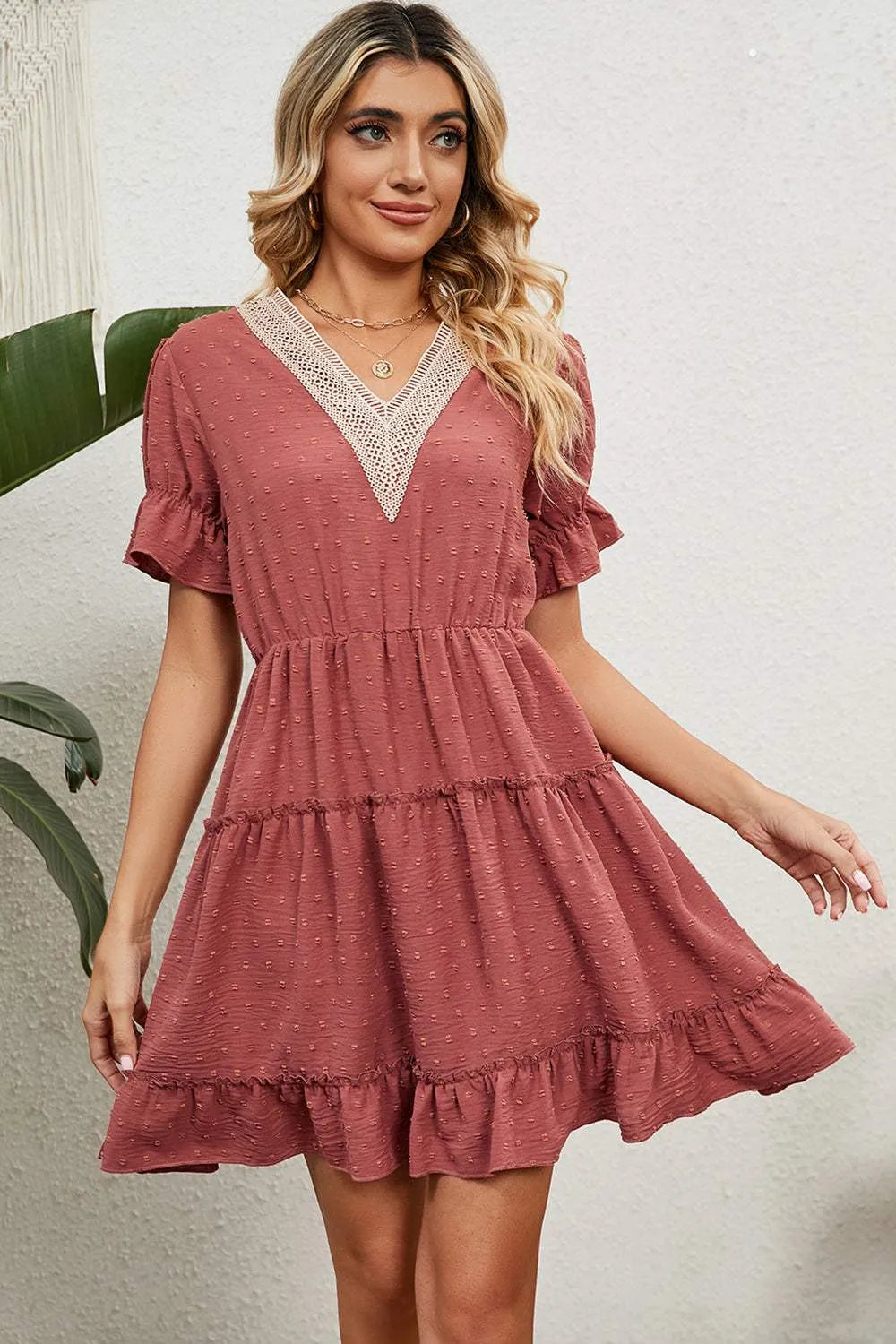 Swiss Dot V-Neck Flounce Sleeve Mini Dress Casual Dresses - Tophatter Daily Deals