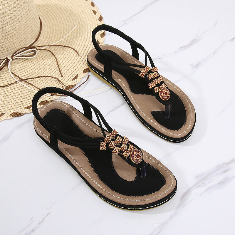 Bohemian Wooden Bead Woven Plus Size Flat Shoes Black 0 - Tophatter Daily Deals