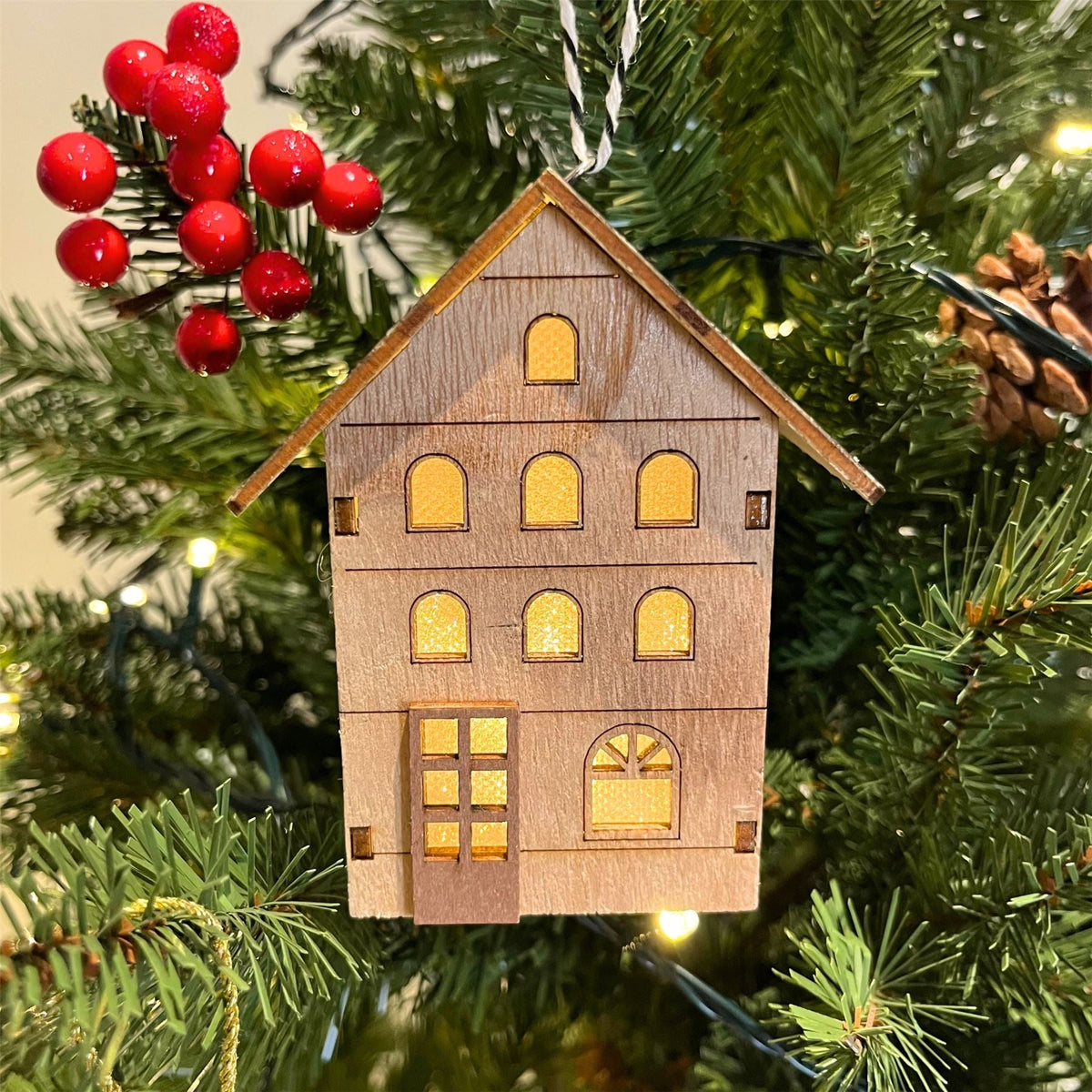 Mini LED Christmas House Bauble | Light-up Wooden Christmas House Tree Ornament Baubles - Tophatter Daily Deals