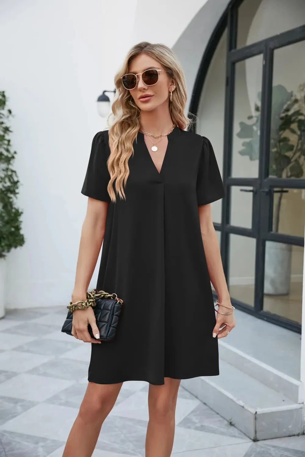 Notched Puff Sleeve Shift Dress Black Casual Dresses - Tophatter Daily Deals