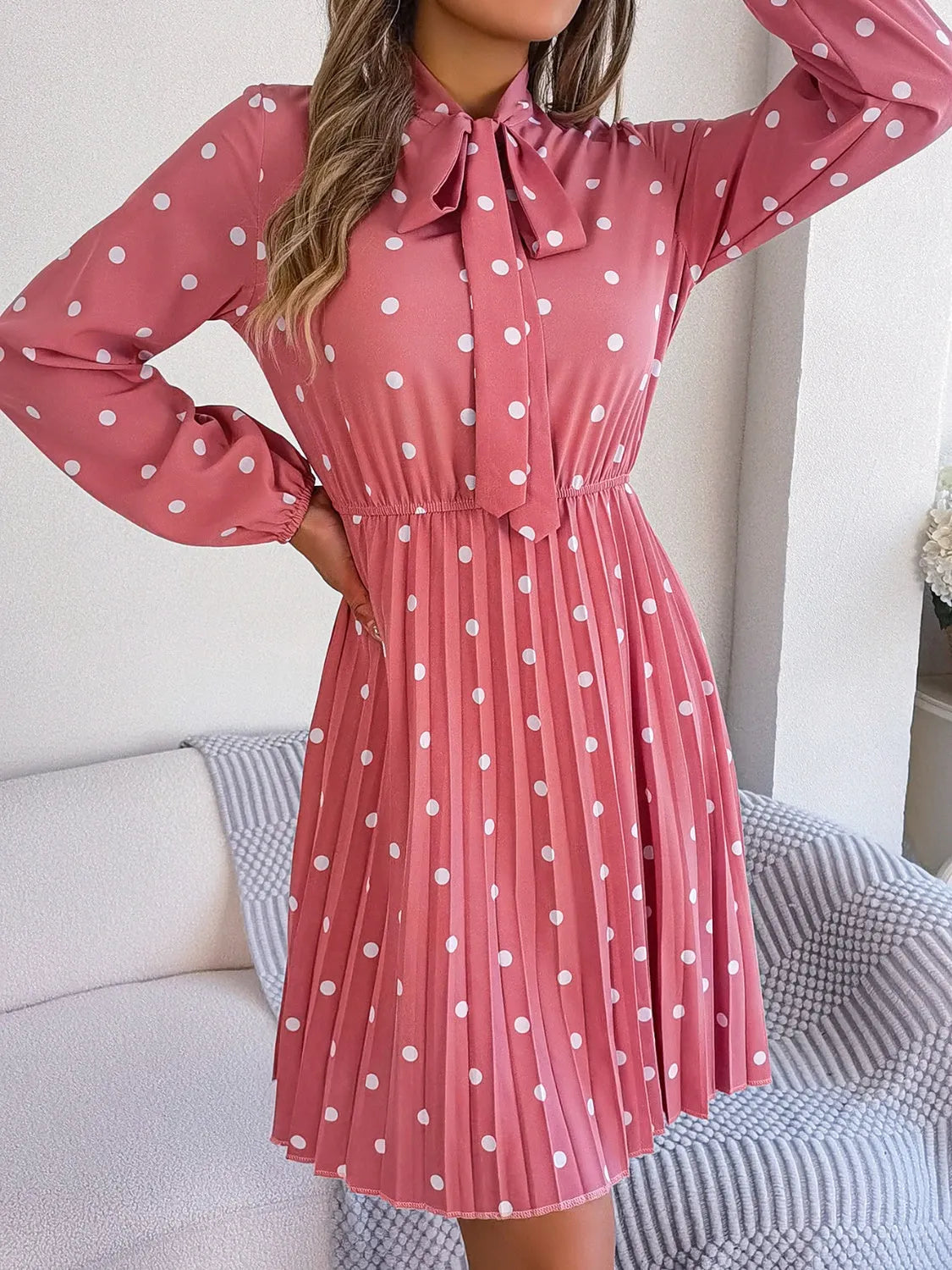 Polka Dot Tie Neck Pleated Dress Casual Dresses - Tophatter Daily Deals