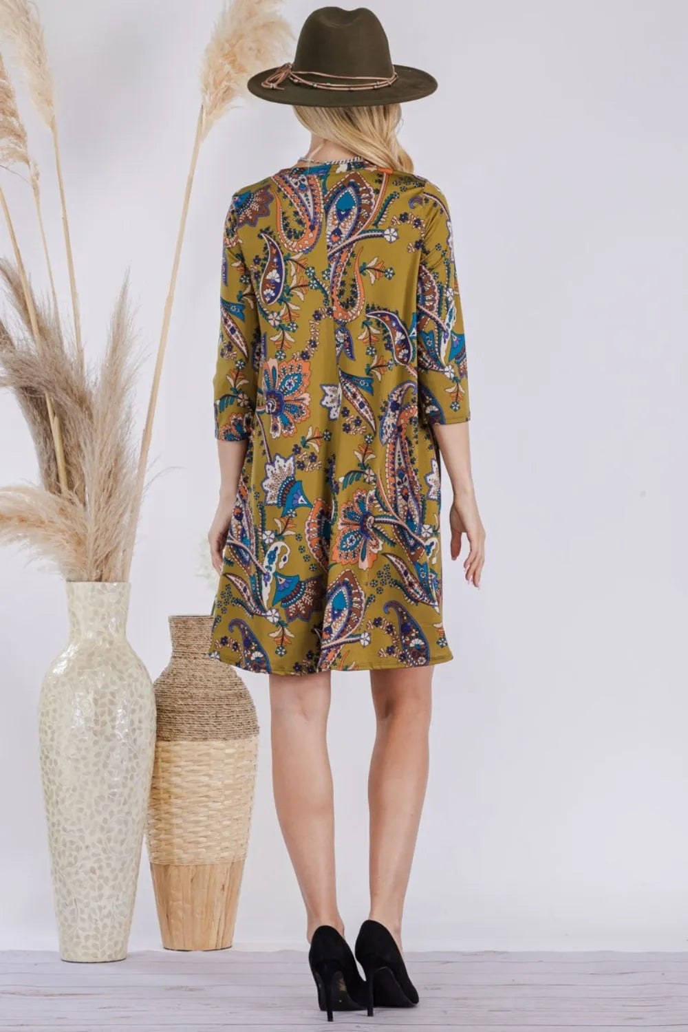 Celeste Full Size Paisley Print Round Neck Dress with Pockets Casual Dresses - Tophatter Daily Deals