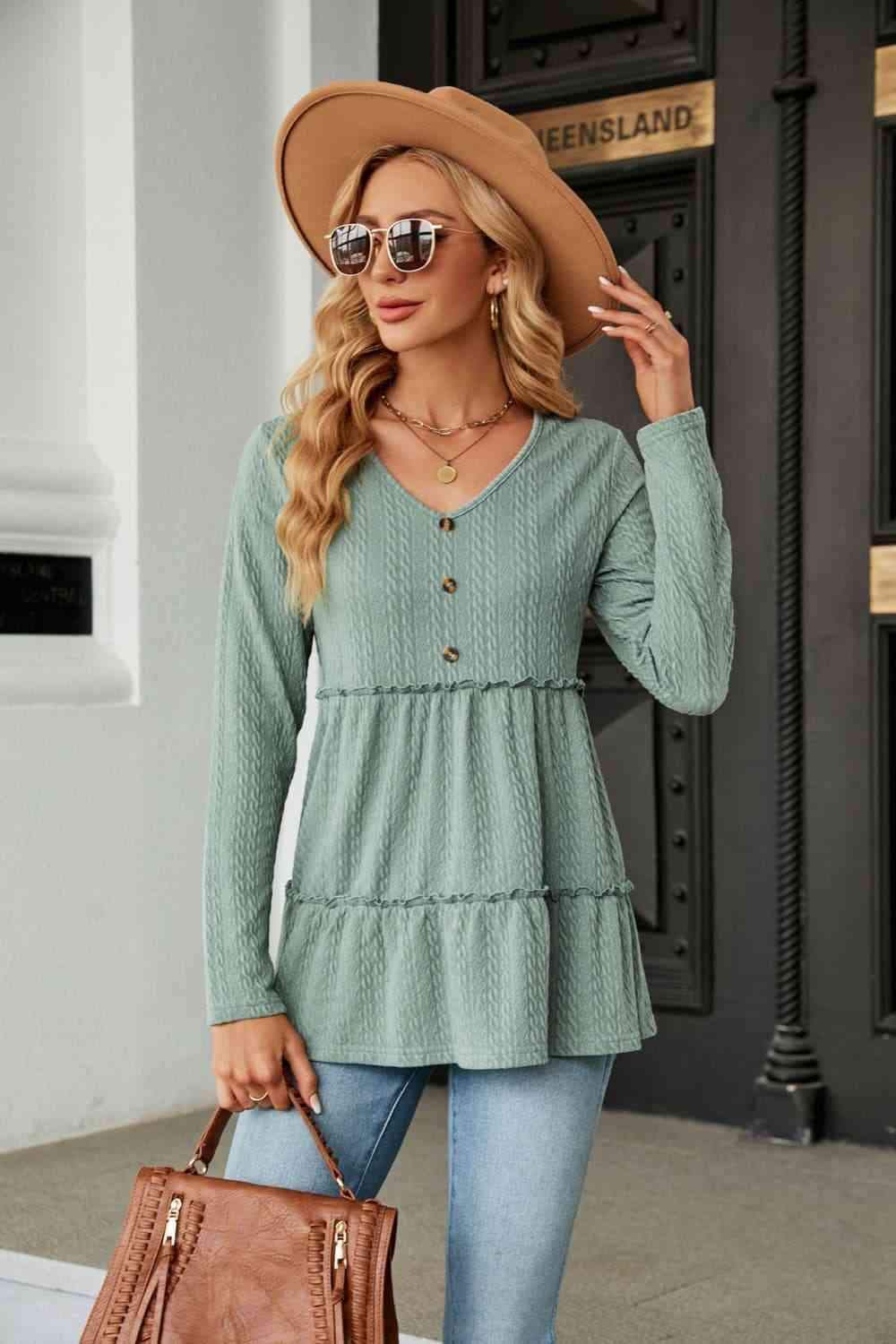 Long Sleeve V-Neck Cable-Knit Blouse Sage Blouses - Tophatter Daily Deals