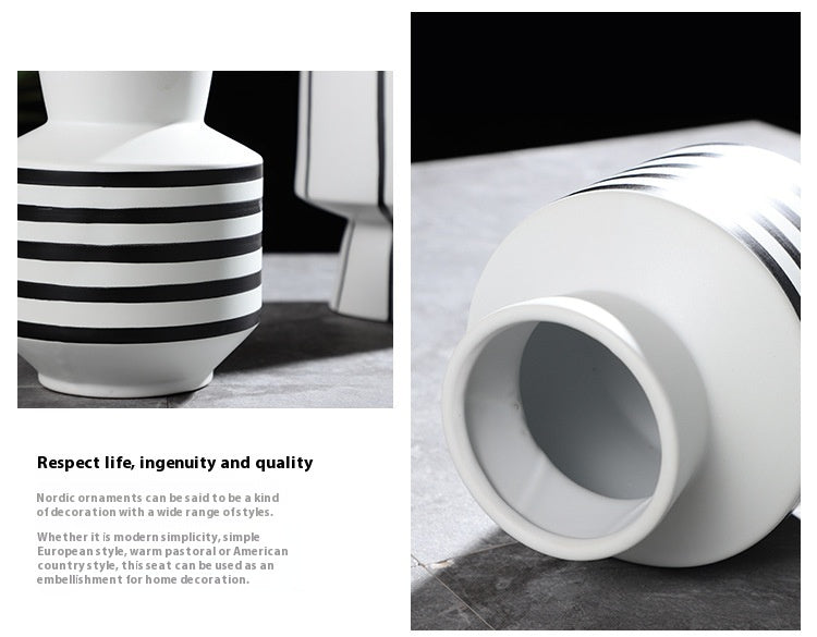 Black And White Striped Ceramic Vase Light Luxury Modern Home 0 - Tophatter Daily Deals