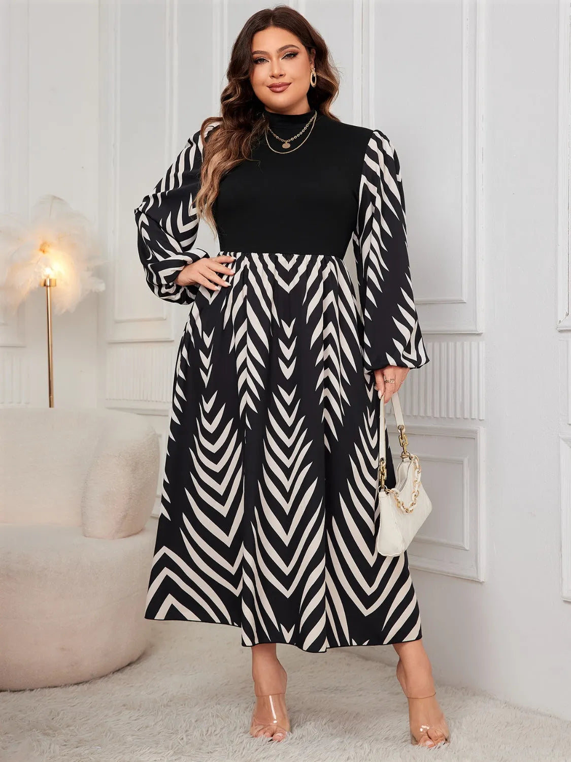 Plus Size Printed Mock Neck Long Sleeve Midi Dress Black Casual Dresses - Tophatter Daily Deals