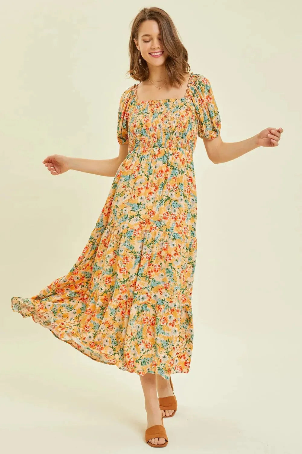 HEYSON Full Size Floral Smocked Tiered Midi Dress Casual Dresses - Tophatter Daily Deals