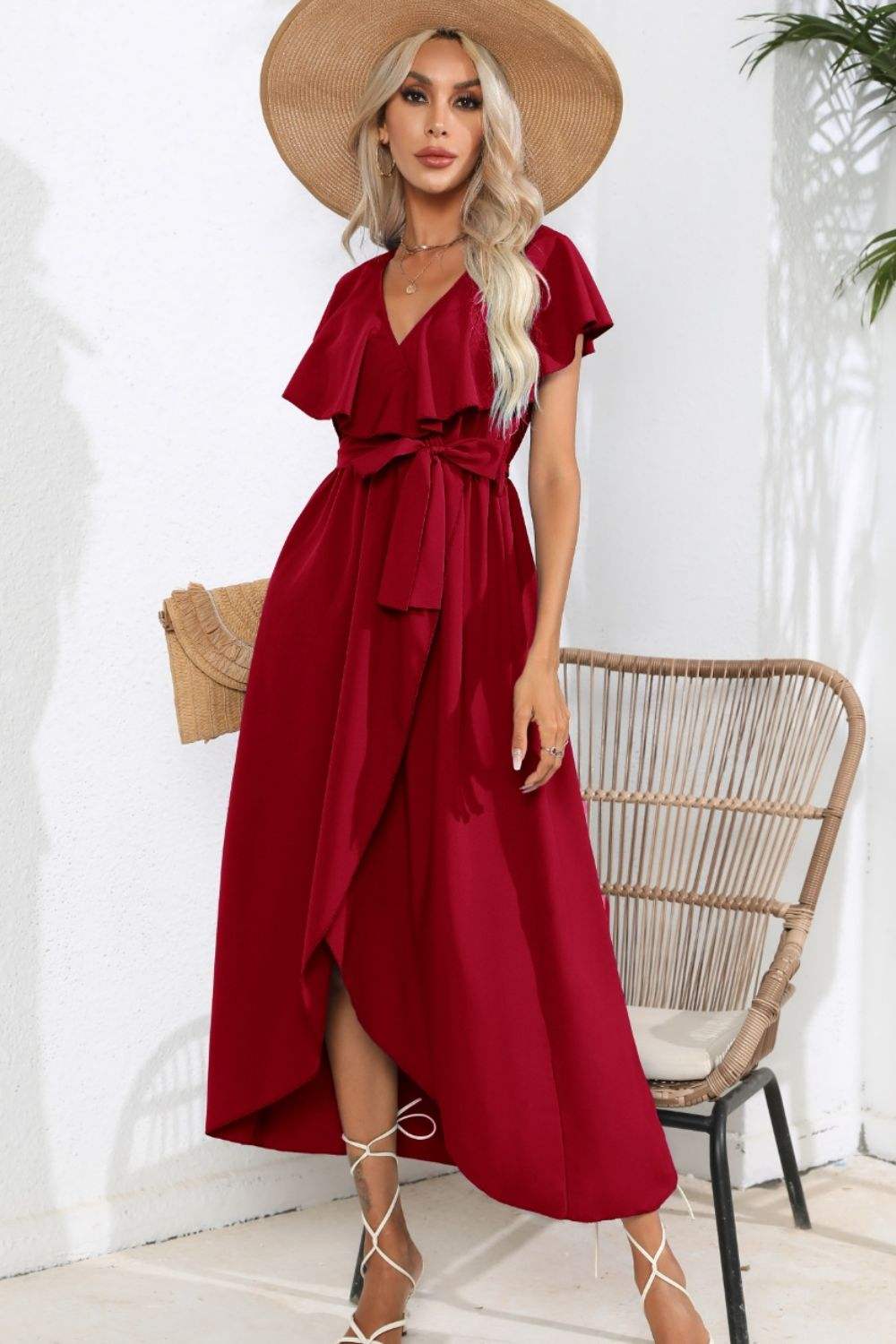 Ruffled Tied V-Neck Midi Dress Casual Dresses - Tophatter Daily Deals