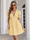 Decorative Button Plaid Short Sleeve Dress Casual Dresses - Tophatter Daily Deals