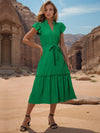 Tied Notched Cap Sleeve Dress Mid Green Casual Dresses - Tophatter Daily Deals