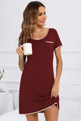Contrast Trim Pocketed Round Neck Lounge Dress Wine Sleep Dresses - Tophatter Daily Deals