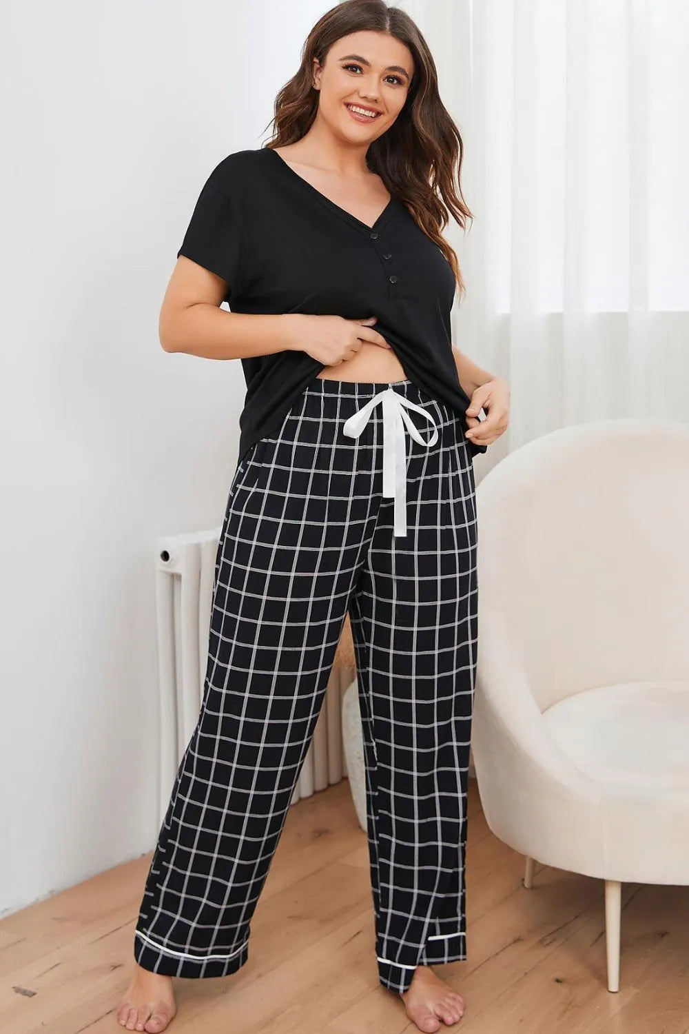 Plus Size V-Neck Top and Plaid Pants Lounge Set Loungewear Sets - Tophatter Daily Deals