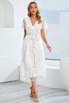 Sequin Leaf Embroidery Tie Front Short Sleeve Dress White Cocktail Dresses - Tophatter Daily Deals