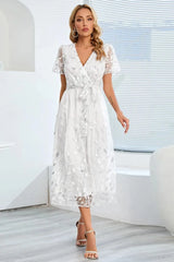 Sequin Leaf Embroidery Tie Front Short Sleeve Dress White Cocktail Dresses - Tophatter Daily Deals