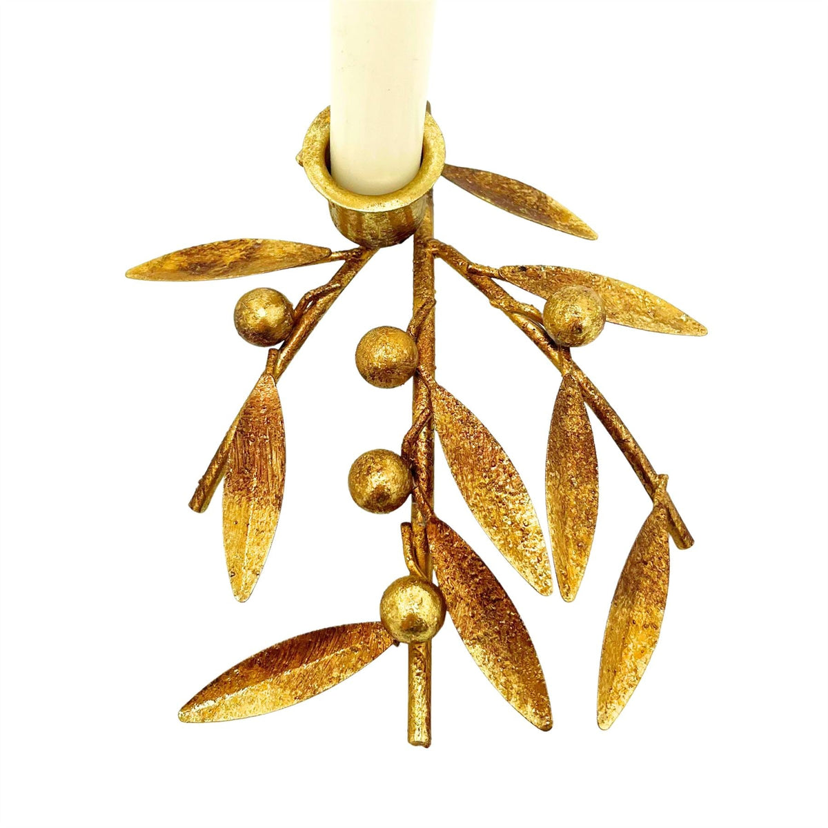 Antique Gold Sprig & Berry Candle Holder, Gisela Graham Christmas 17cm Candlestick - Tophatter Daily Deals