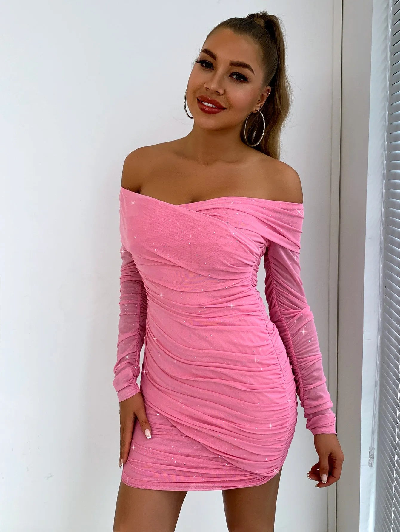 Glitter Ruched Off-Shoulder Long Sleeve Bodycon Dress Cocktail Dresses - Tophatter Daily Deals