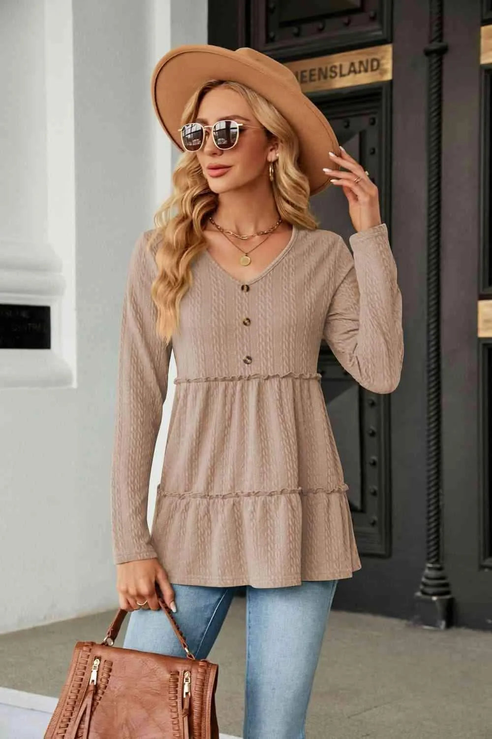 Long Sleeve V-Neck Cable-Knit Blouse Khaki Blouses - Tophatter Daily Deals