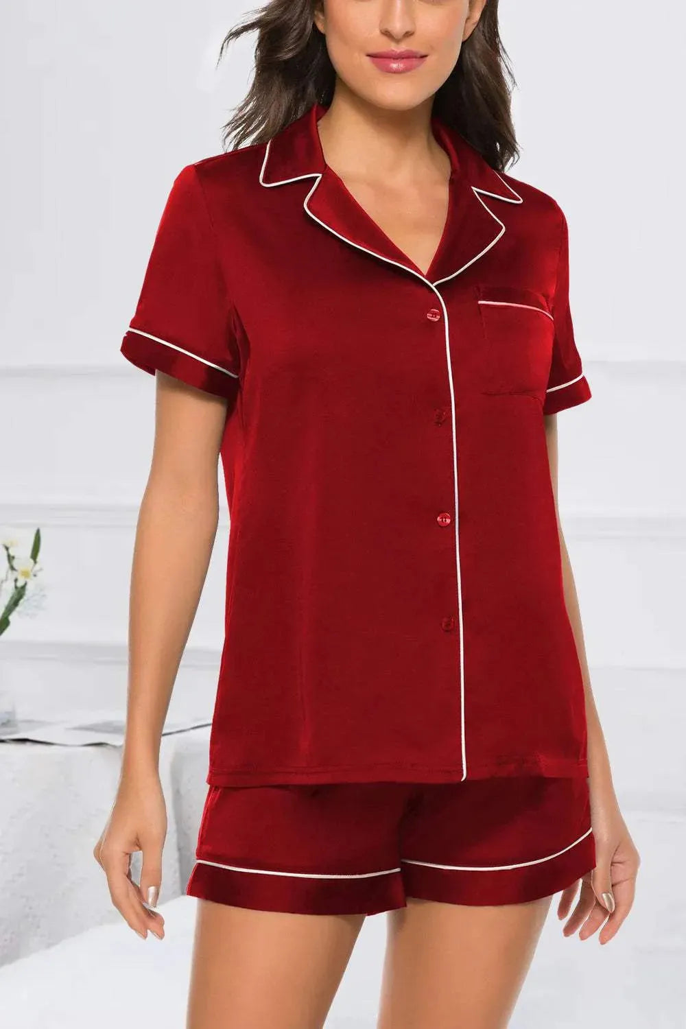 Printed Button Up Short Sleeve Top and Shorts Lounge Set Scarlet Loungewear Sets - Tophatter Daily Deals