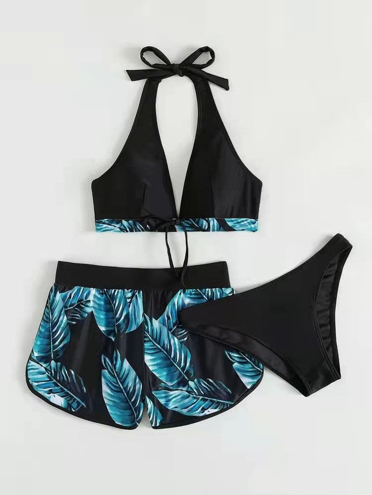 3pcs Leaf Print Bikini With Shorts Fashion Summer Beach Swimsuit Womens Clothing Blue 4 - Tophatter Daily Deals