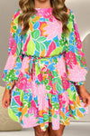 Printed Tie Waist Lantern Sleeve Mini Dress Floral Casual Dresses - Tophatter Daily Deals