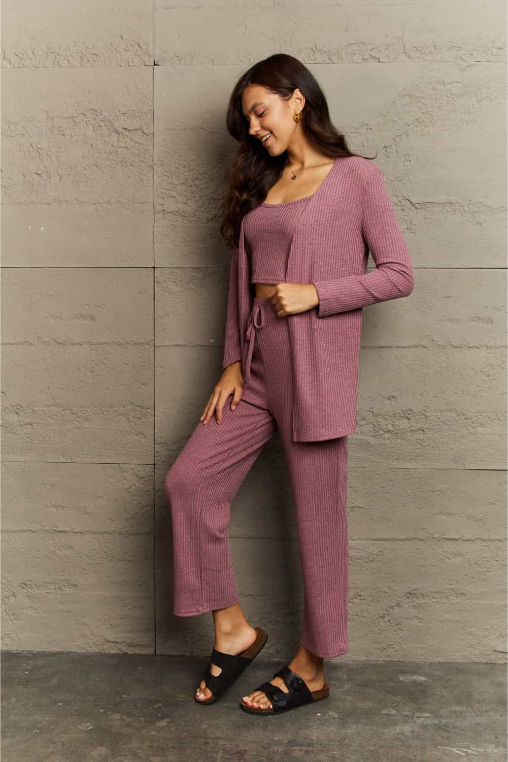 Ninexis Full Size Cropped Top, Long Pants and Cardigan Lounge Set - Tophatter Deals