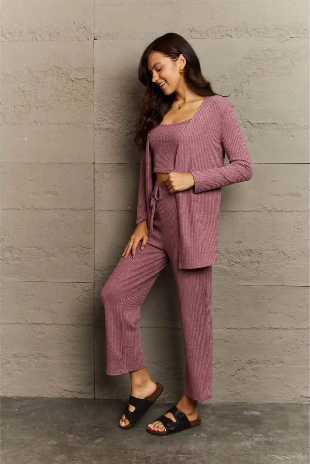 Ninexis Full Size Cropped Top, Long Pants and Cardigan Lounge Set Loungewear Sets - Tophatter Daily Deals