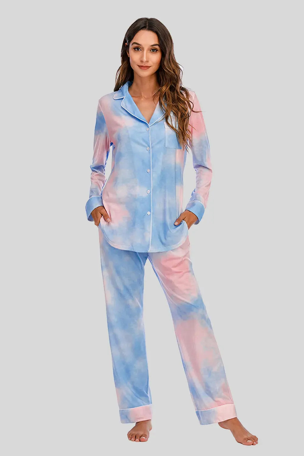 Collared Neck Long Sleeve Loungewear Set with Pockets Loungewear Sets - Tophatter Daily Deals