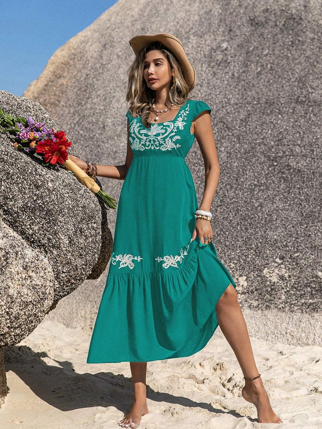 Embroidered Square Neck Cap Sleeve Dress Casual Dresses - Tophatter Daily Deals