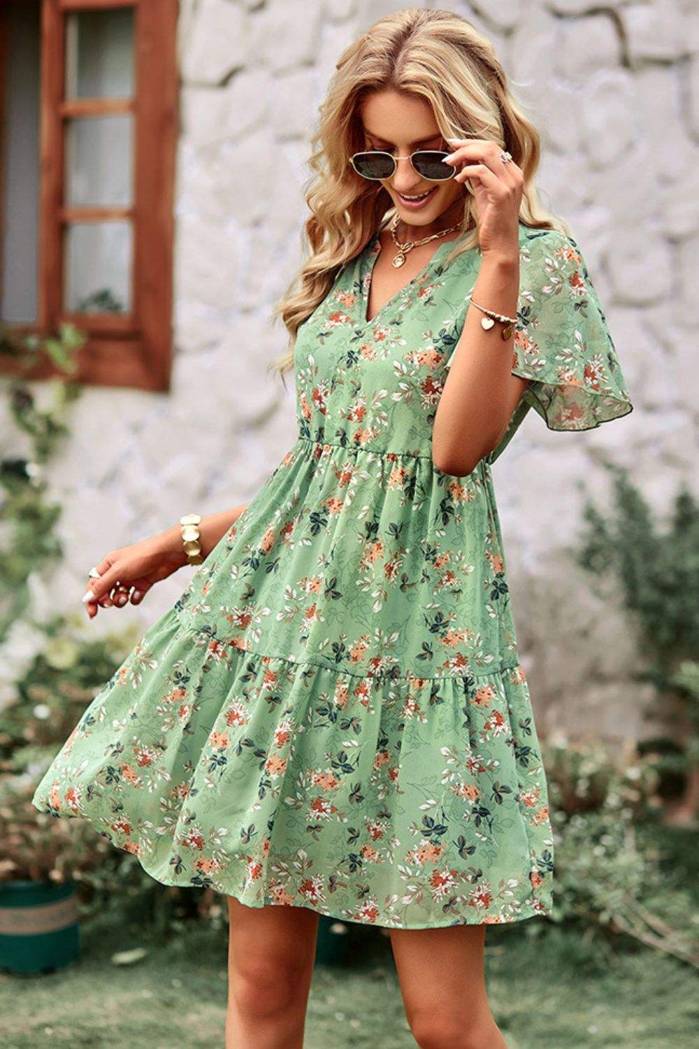 Floral Notched Flutter Sleeve Mini Dress Casual Dresses - Tophatter Daily Deals