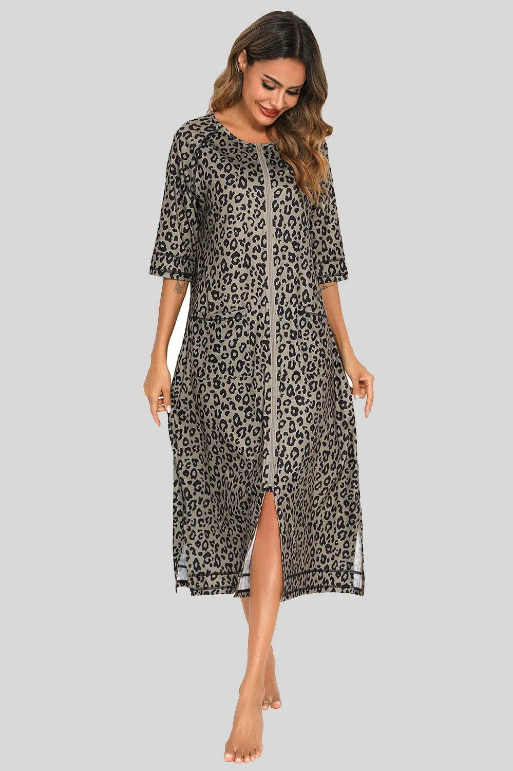 Printed Slit Night Dress with Pockets Leopard Sleep Dresses - Tophatter Daily Deals