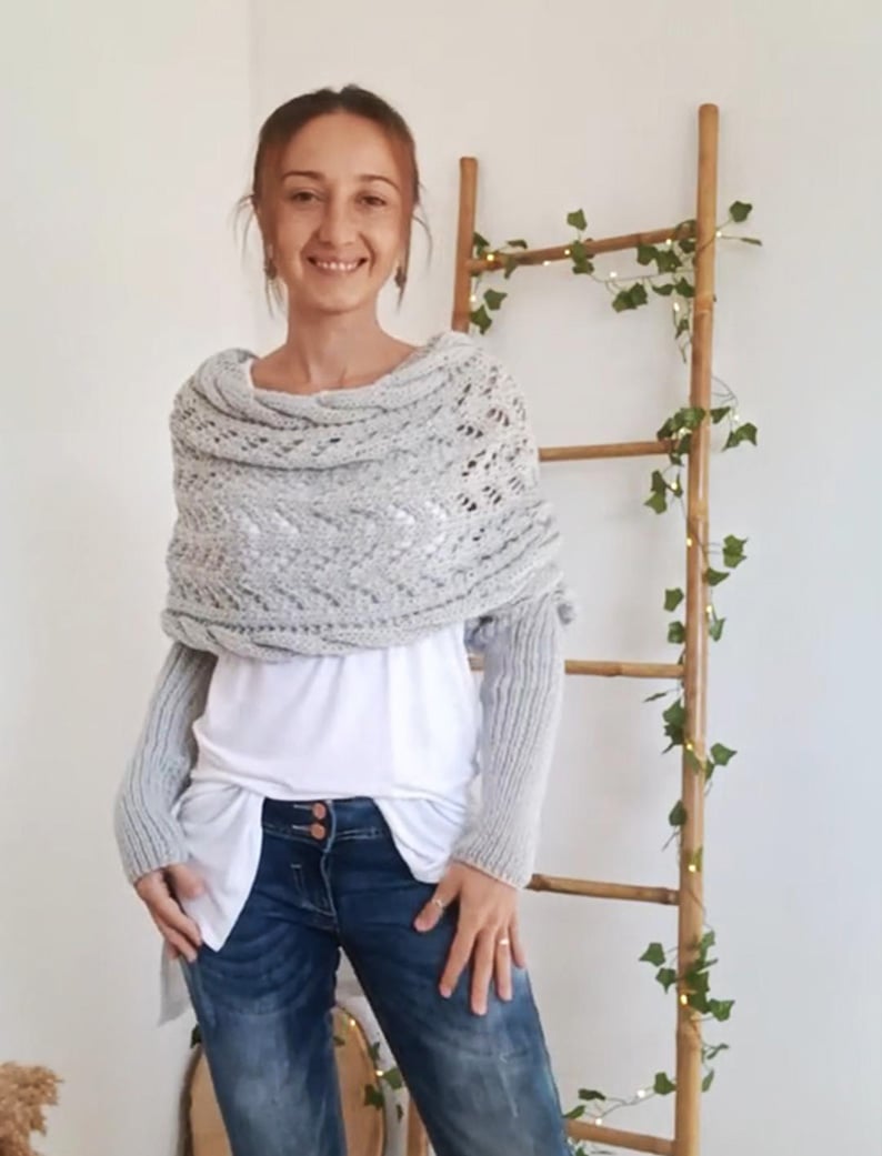 Soft Women’s Scarf - Openwork Rectangular, Knit, For Winter Light gray - Tophatter Daily Deals