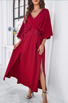 Slit Tied V-Neck Three-Quarter Sleeve Dress Casual Dresses - Tophatter Daily Deals