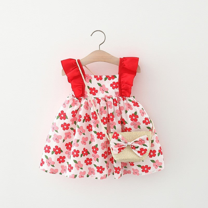 Baby Girl Flounced Sleeve Dress Free Bamboo Basket Satchel Red Flowers 0 - Tophatter Daily Deals