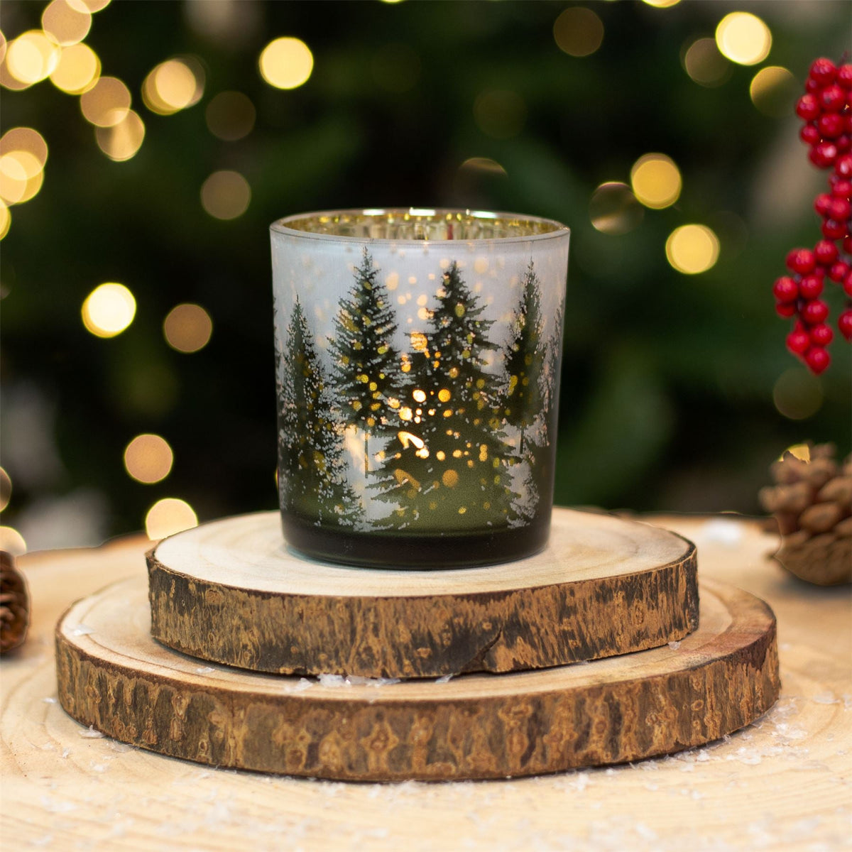 Christmas Forest Tealight Holder | Frosted Glass Xmas Candle Holder - 8cm Candle Holder - Tophatter Daily Deals