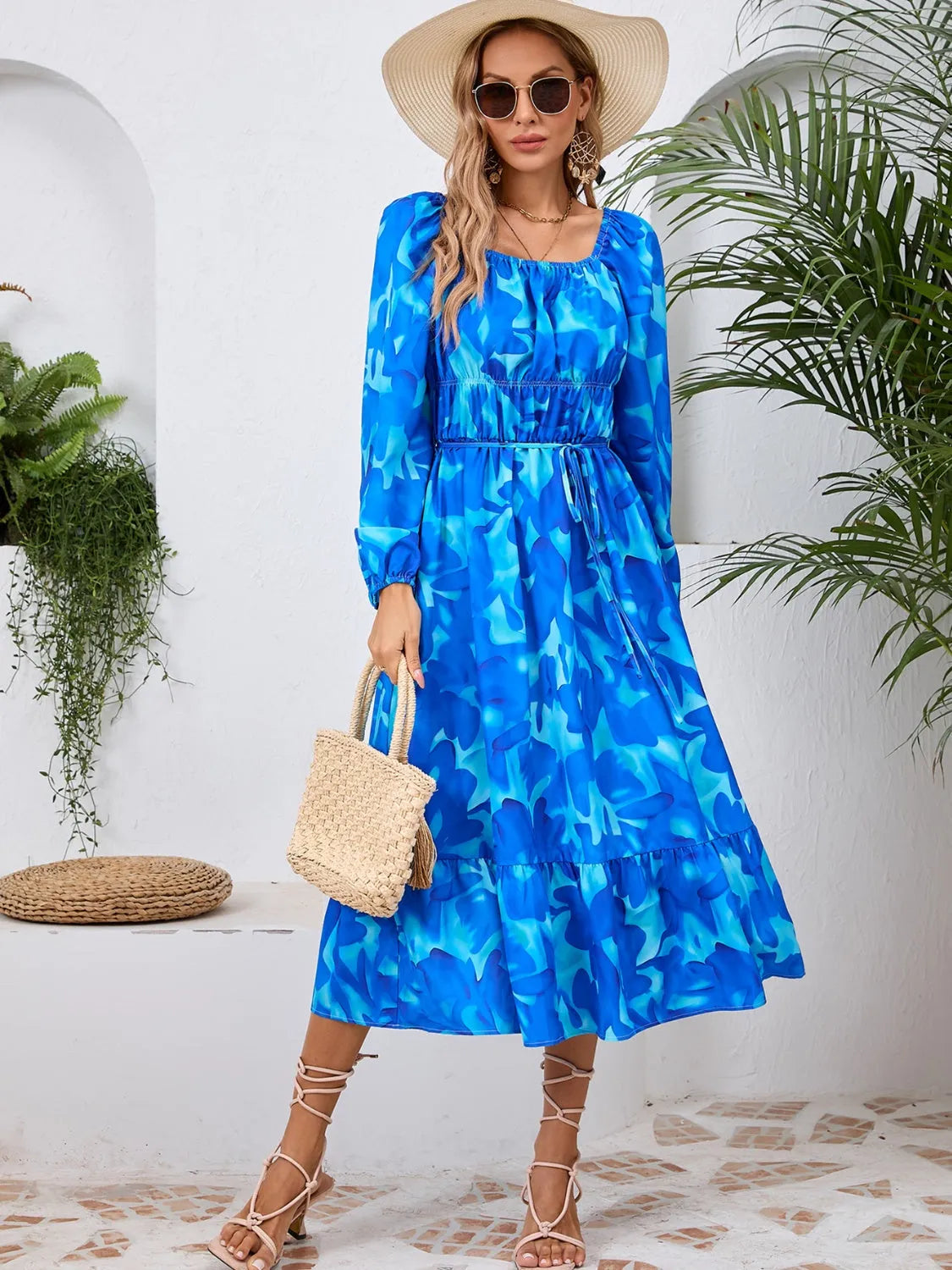 Printed Long Sleeve Midi Dress Blue Casual Dresses - Tophatter Daily Deals