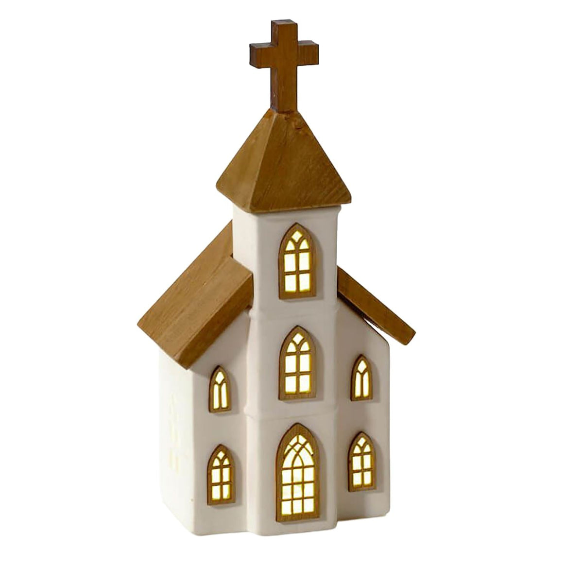 LED Ceramic Christmas Church | Light Up Ceramic & Wood Chapel Ornament - 23cm LED Light - Tophatter Daily Deals