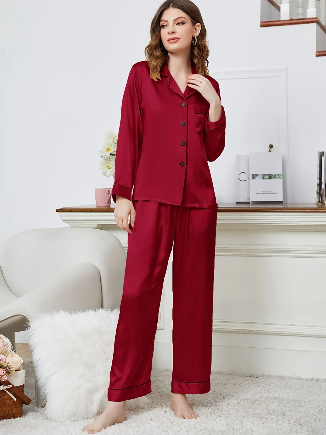 Lapel Collar Long Sleeve Top and Pants Pajama Set Loungewear Sets - Tophatter Daily Deals